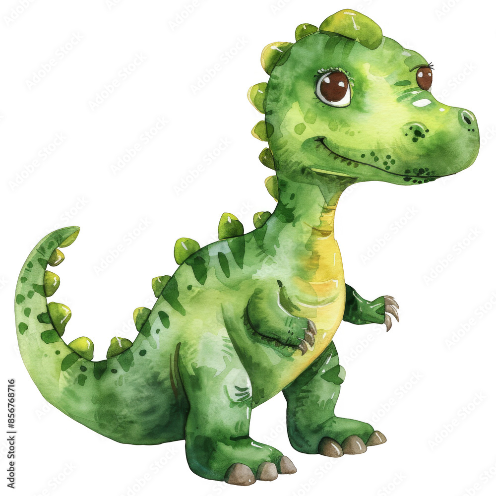 Fototapeta premium Cute watercolor illustration of a green dinosaur standing. Perfect for children's books and educational materials.