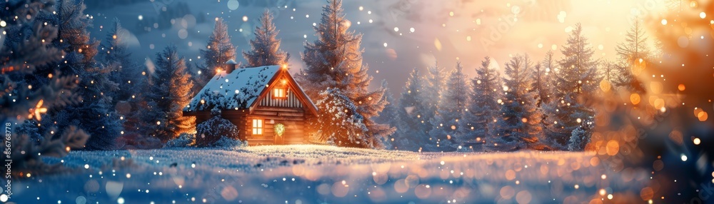 Cozy cabin in a snowy forest with warm light glowing from the windows. Cozy cabin in a snowy forest with warm light glowing from the windows.