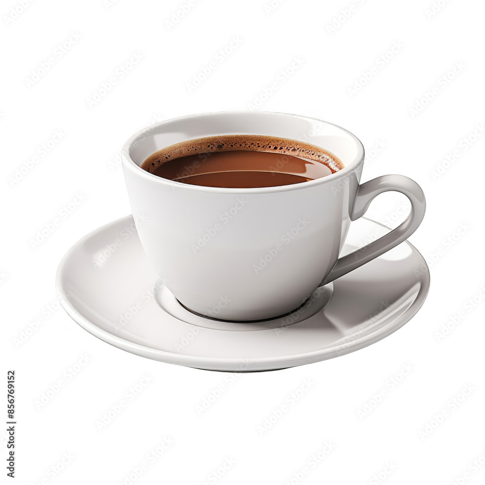 A steaming cup of coffee in a white ceramic cup with saucer, isolated on a white background. Perfect for beverage and morning themes. A steaming cup of coffee in a white ceramic cup with saucer, isolated on a white background. Perfect for beverage and morning themes.