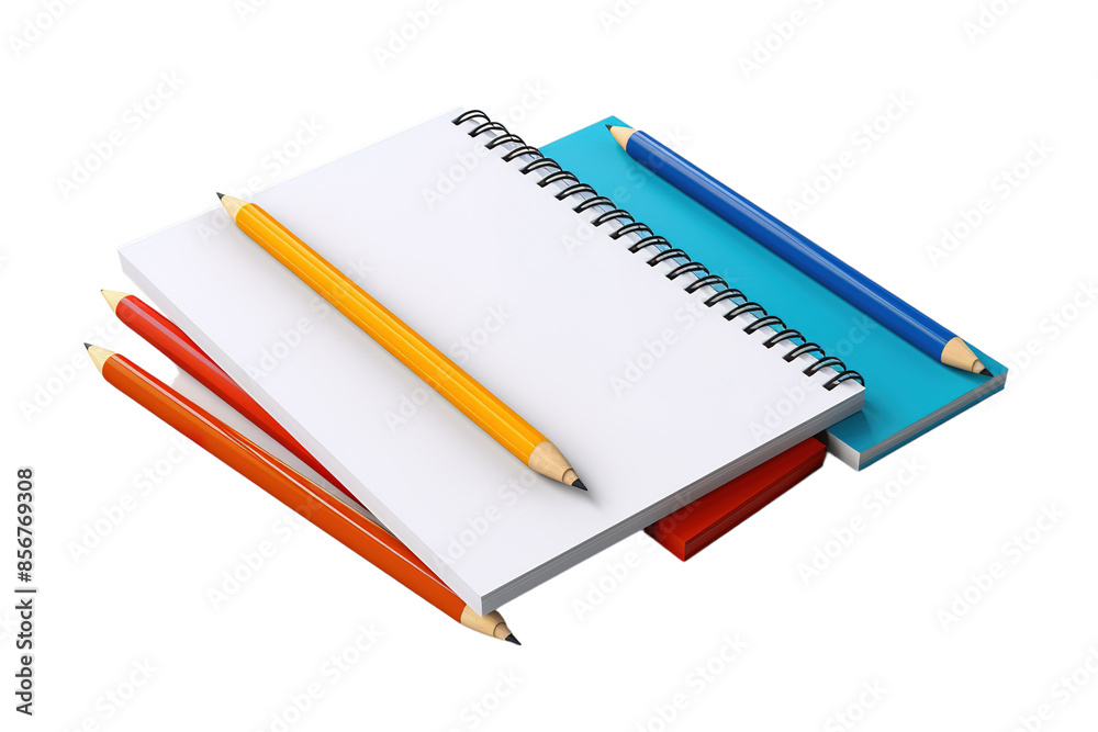 A Blank Canvas of Creativity: A Spiral Notebook Awaits Inspiration With Colorful Pencils on a Clear PNG or White Background. A Blank Canvas of Creativity: A Spiral Notebook Awaits Inspiration With Colorful Pencils on a Clear PNG or White Background.