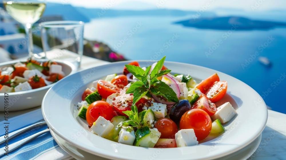 Enjoy a traditional Greek salad while taking in the breathtaking sea view of Santorini island. Experience Greek cuisine at its finest during your travel adventure Enjoy a traditional Greek salad while taking in the breathtaking sea view of Santorini island. Experience Greek cuisine at its finest during your travel adventure