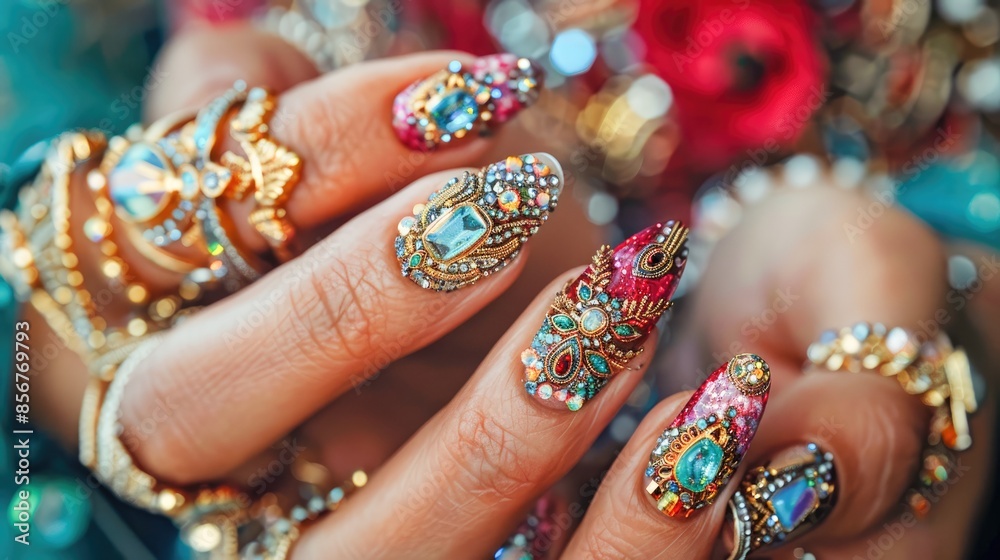 Close up of a hand with ornate, jeweled nail art and gold rings in vibrant colors, showcasing intricate designs and luxury accessories. Close up of a hand with ornate, jeweled nail art and gold rings in vibrant colors, showcasing intricate designs and luxury accessories.