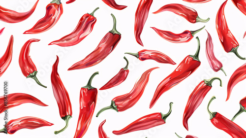 Red chilies hand-drawn watercolor illustration background, chili peppers pattern clipart