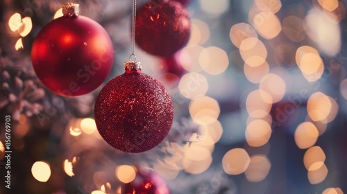 Christmas balls hanging on an out of focus background