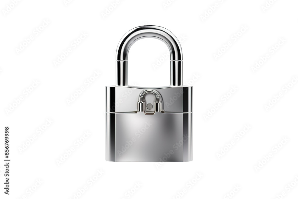 A Polished Chrome Padlock Stands Tall Against a White Background on a Clear PNG or White Background. A Polished Chrome Padlock Stands Tall Against a White Background on a Clear PNG or White Background.