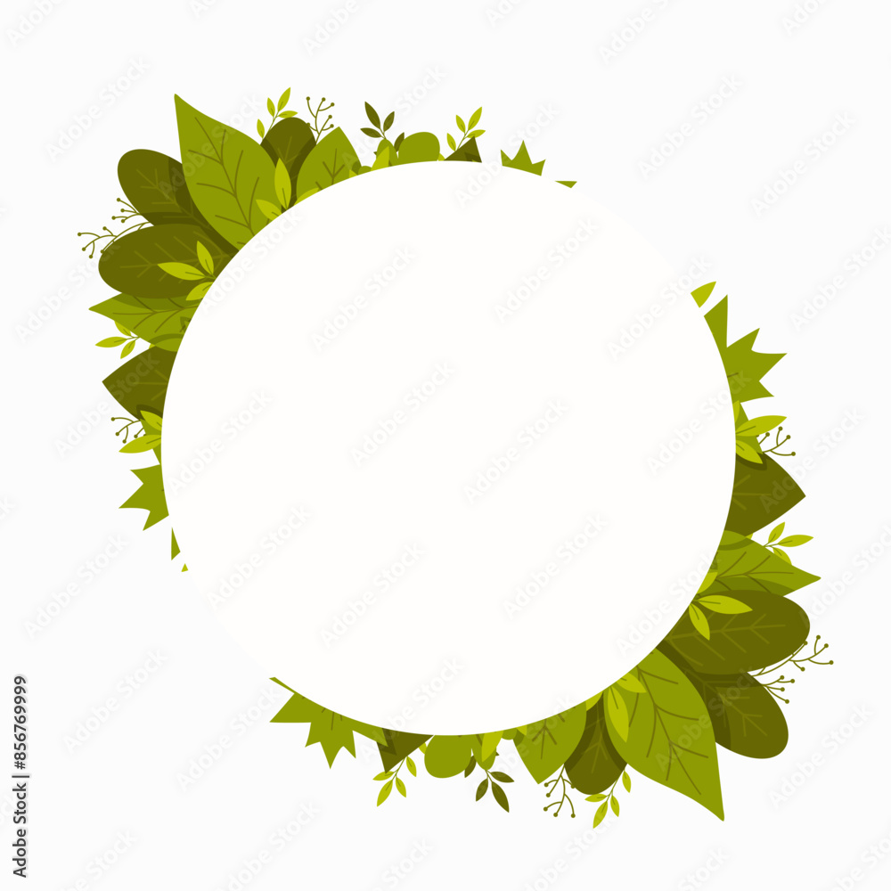 Round frame of green leaves. Summer nature border on white background. Round frame of green leaves. Summer nature border on white background.