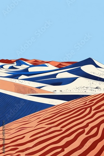 A digital illustration depicting a sweeping desert landscape with blue and red dunes against a clear blue sky. The image captures the beauty and vastness of the desert
