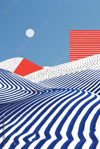 An abstract image with a blue sky, a single white moon, and a red rectangle shape in the background. The foreground features a series of blue and white striped hills with an illusion of depth