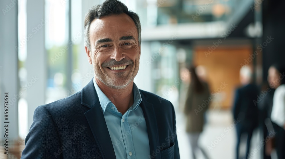 a mature smiling caucasian businessman is standing in the office a mature smiling caucasian businessman is standing in the office