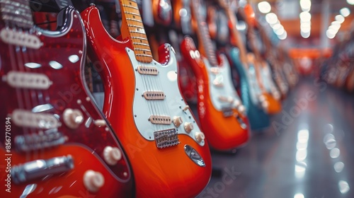 A Row of Vibrant Guitars in a Music Store