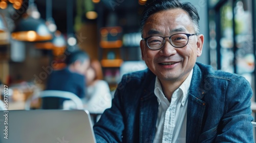a mature smiling chinese businessman is sitting at his laptop in the office