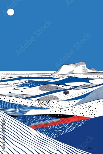 A stylized illustration of a landscape with blue and white hills under a bright moon