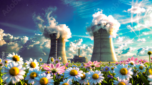 Two cooling towers with smoke coming out of them in field of flowers.