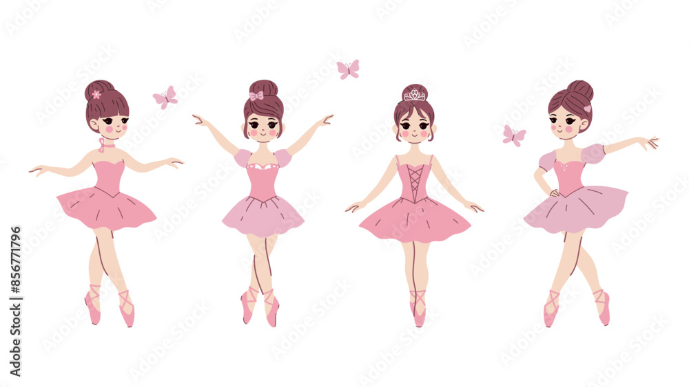 Set of cute ballerinas in pink dresses isolate on a white background. Vector graphics. Set of cute ballerinas in pink dresses isolate on a white background. Vector graphics.