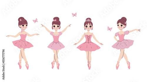 Set of cute ballerinas in pink dresses isolate on a white background. Vector graphics.