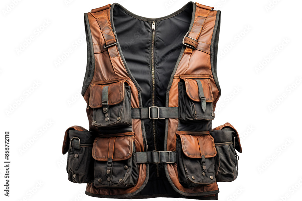A Distressed Leather Utility Vest With Multi-Pockets on a Clear PNG or White Background. A Distressed Leather Utility Vest With Multi-Pockets on a Clear PNG or White Background.