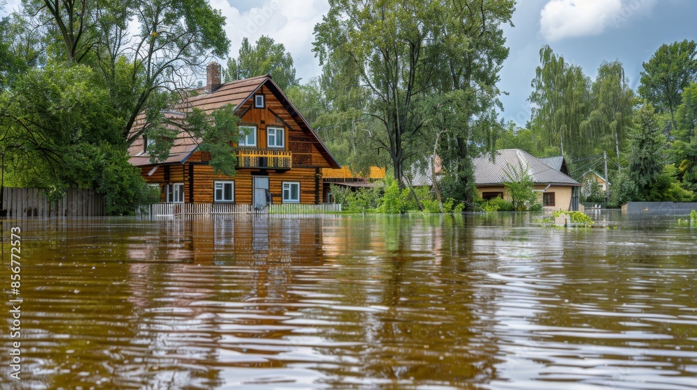 consequences of a flood in a small town or village. private houses and streets in water after a dam break or rainstorms consequences of a flood in a small town or village. private houses and streets in water after a dam break or rainstorms