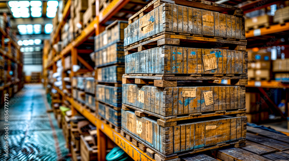 Large stack of wooden boxes sitting on top of wooden pallet.