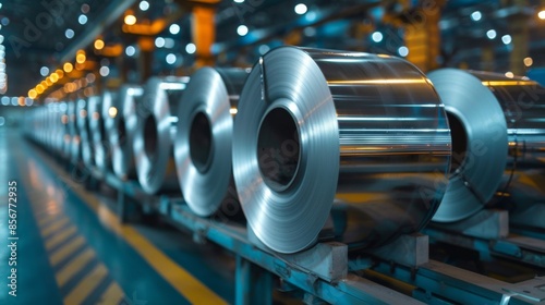 rolls of sheet aluminum produced at an aluminum plant. workshop with finished steel rolls