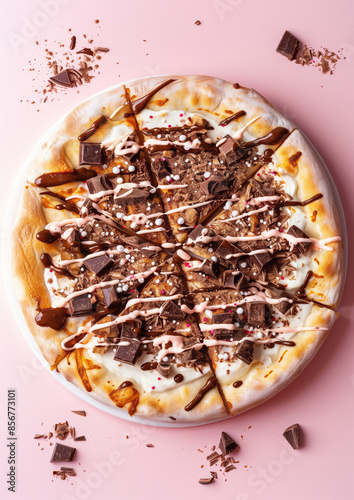 whole Brazilian chocolate Pizza on pink Background