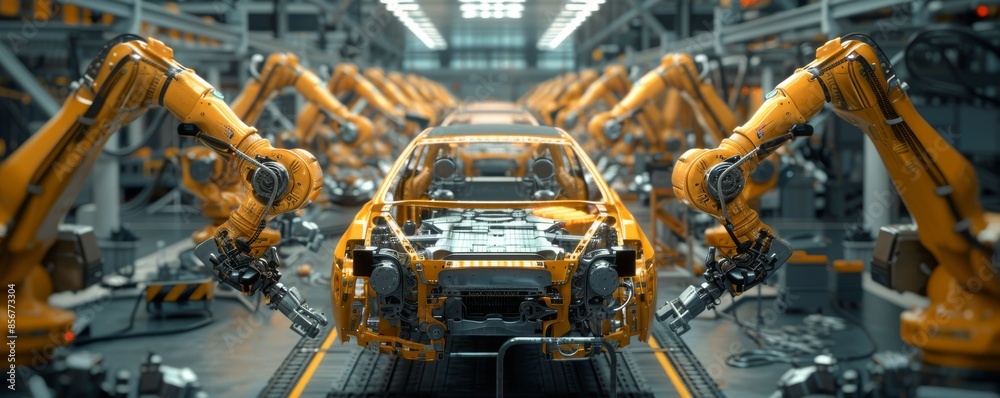 Automated car assembly line with robotic arms manufacturing a vehicle in modern factory Automated car assembly line with robotic arms manufacturing a vehicle in modern factory