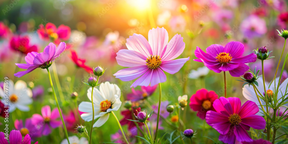 Fototapeta premium Close-up of colorful cosmos flowers in bloom during a sunny day, with a vibrant background of pink, white, and purple petals.