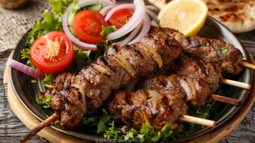 Enjoy this mouthwatering plate of Arabic Meat Kabab with saffron. It has onion, tomato, pita bread, lemon, and salad Enjoy this mouthwatering plate of Arabic Meat Kabab with saffron. It has onion, tomato, pita bread, lemon, and salad