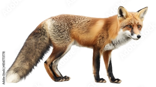 2. Design an isolated image of a fox in its entirety, capturing its bushy tail and keen eyes without any background distractions. Ensure the illustration is on a transparent background for seamless © Mr image