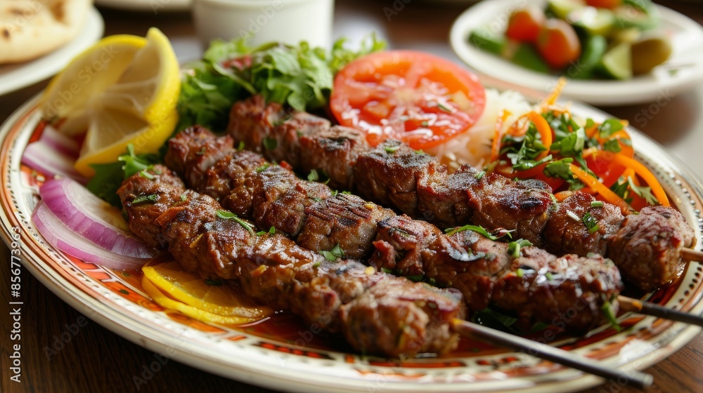 Enjoy this mouthwatering plate of Arabic Meat Kabab with saffron. It has onion, tomato, pita bread, lemon, and salad Enjoy this mouthwatering plate of Arabic Meat Kabab with saffron. It has onion, tomato, pita bread, lemon, and salad