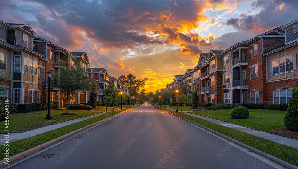 Apartment complex at sunset with colorful clouds and lit interiors, empty road leading to three-story buildings with blue accents, green grass in foreground Apartment complex at sunset with colorful clouds and lit interiors, empty road leading to three-story buildings with blue accents, green grass in foreground