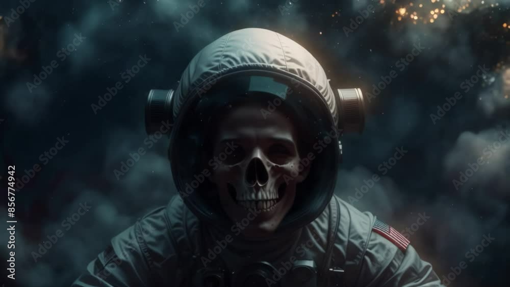 Dead space, an astronaut in a spacesuit in space turns into a skeleton with a skull Dead space, an astronaut in a spacesuit in space turns into a skeleton with a skull