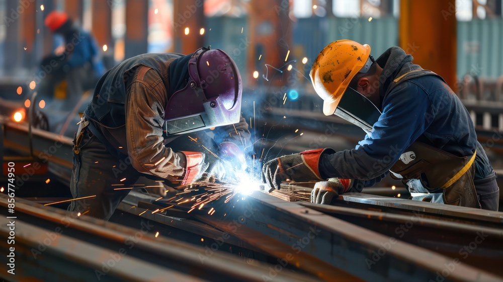 A strong man is a welder in brown uniform, welding mask and welders leathers, a metal product is welded with a arc welding machine at the construction site, blue sparks fly to the sides A strong man is a welder in brown uniform, welding mask and welders leathers, a metal product is welded with a arc welding machine at the construction site, blue sparks fly to the sides