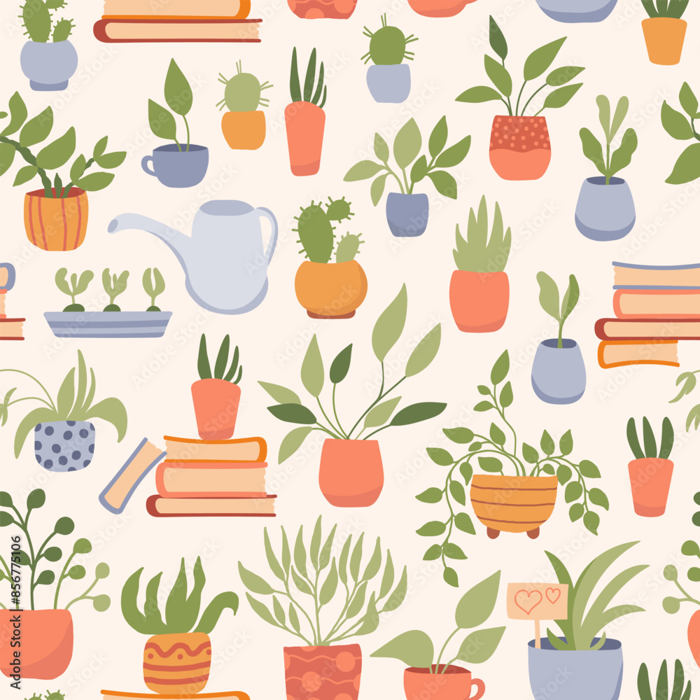Potted plants, tools and books background. Seamless pattern. Design for wrapping paper, fabric and textile. Vector illustration cozy home. Potted plants, tools and books background. Seamless pattern. Design for wrapping paper, fabric and textile. Vector illustration cozy home.