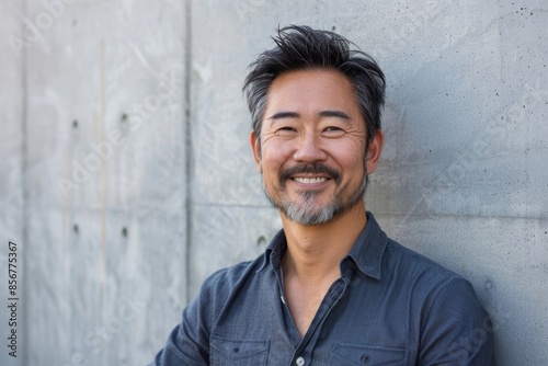Portrait of a smiling asian man in his 40s smiling at the camera while standing against bare concrete or plaster wall