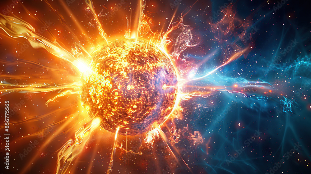 Fototapeta premium 3D illustration of an orange and blue fireball with energy waves emanating from it