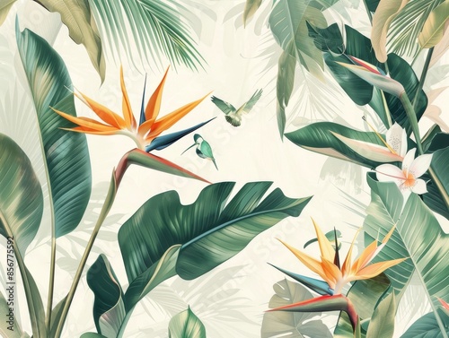 A vibrant illustration featuring Bird of Paradise flowers and tropical foliage