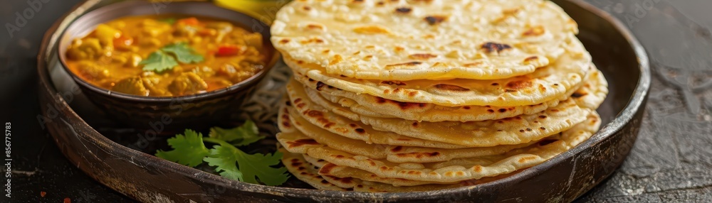 Close-up of a stack of Indian flatbreads with a bowl of curry in the background. Close-up of a stack of Indian flatbreads with a bowl of curry in the background.