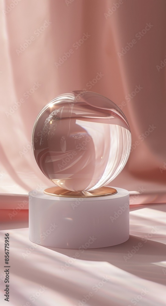 Elegant clear glass sphere on white pedestal with pink fabric background Elegant clear glass sphere on white pedestal with pink fabric background