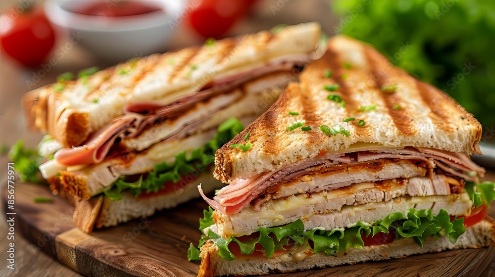 Grilled Turkey and Ham Sandwich on Wooden Board Grilled Turkey and Ham Sandwich on Wooden Board