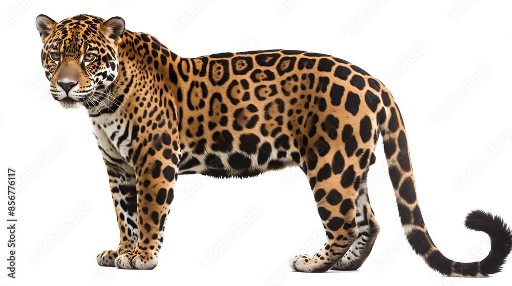 Obraz premium 2. Design an isolated image of a jaguar in its entirety, showcasing its sleek fur and impressive tail. The background should be transparent, allowing for seamless integration into various visual