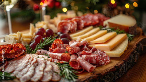Close-up of charcuterie board with meats and cheeses on festive dinner table.