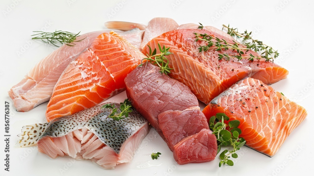 Fresh fish fillets- salmon, trout, and steak- are displayed on a white background. The images are sharp and show the full detail of the fish, including the scales, fins, and flesh Fresh fish fillets- salmon, trout, and steak- are displayed on a white background. The images are sharp and show the full detail of the fish, including the scales, fins, and flesh
