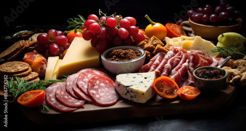Close-up of charcuterie board with meats and cheeses on festive dinner table.
