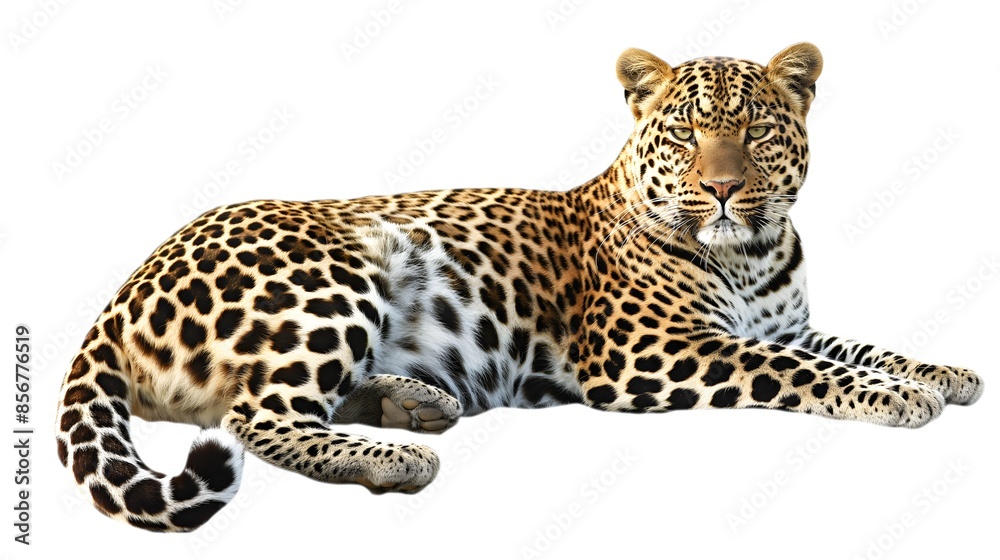 1. Create a full-body illustration of a leopard, showcasing its powerful build and distinctive rosette patterns against a transparent background. Ensure the image is suitable for use on a white