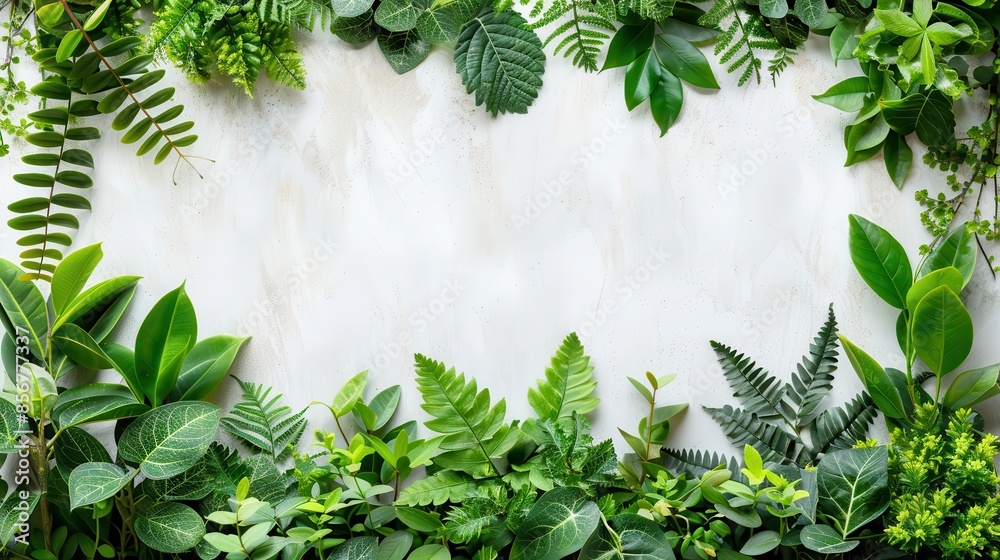 Fototapeta premium Lush green foliage and botanical elements on a white background