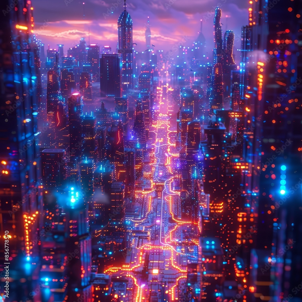 custom made wallpaper toronto digitalA digital illustration of a futuristic city street scene with glowing buildings and bright lights at night.