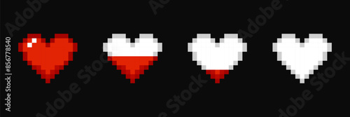 Pixel game life bar, 8 bit health heart bar.