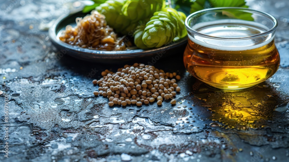 A close-up of fresh hops, barley, and a glass of golden beer, capturing the essence of traditional brewing with natural ingredients. A close-up of fresh hops, barley, and a glass of golden beer, capturing the essence of traditional brewing with natural ingredients.