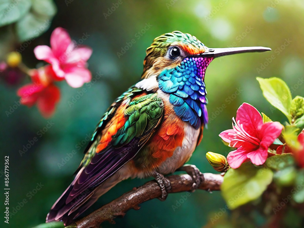 Fototapeta premium Hummingbird on flower in forest AI generate. 