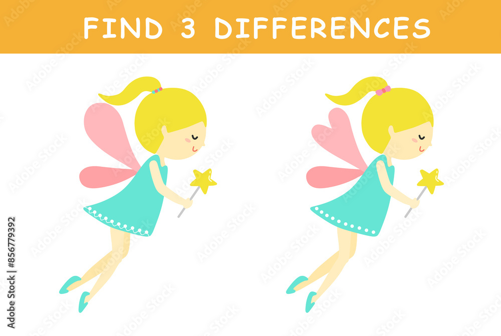 Find 3 differences in illustration. Educational activity with cute fairy illustration. Spot difference. Educational fun game for children.